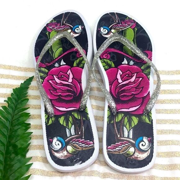 LA Ink Rose and Bird Flip Flops - Picture 2 of 11
